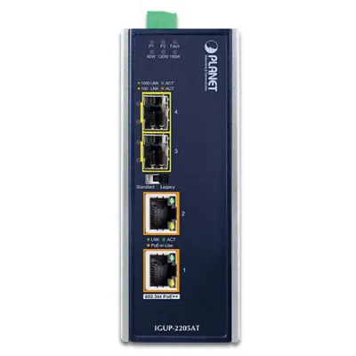 Planet - IGUP-2205AT - Industrial 2-Port 100/1000X SFP to 2-Port 10/100/1000T 802.3bt PoE++ Media Converter (802.3bt Type-4, PoH, Legacy mode support, -40 to 75 C, dual 12V~56V DC power boost, PoE Usage LED)