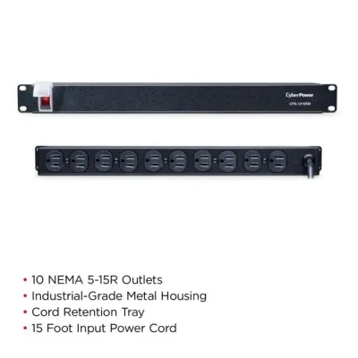 Cyber Power - CPS1215RM - 120 V, 50Hz/60Hz, NEMA 5-15P plug, 10 NEMA 5-15R, 1U Rackmount, 15 ft Cord