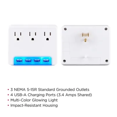 Cyber Power - P3WUH - 3 AC Outlet Wall Tap 125V with 4 USB 3.4A Charging Ports Glow Colors