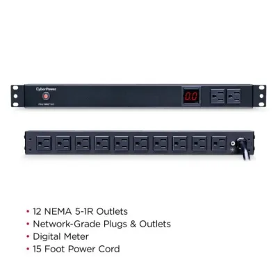 Cyber Power - PDU15M2F10R - 15A (Derated to 12A), 120 V, 50Hz/60Hz, NEMA 5-15P plug, 12 NEMA 5-15R, 1U Rackmount, 15 ft Cord, Limited Lifetime Warranty