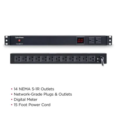 Cyber Power - PDU15M2F12R - 15A (Derated to 12A), 120 V, 50Hz/60Hz, NEMA 5-15P plug, 14 NEMA 5-15R, 1U Rackmount, 15 ft Cord, Limited Lifetime Warranty