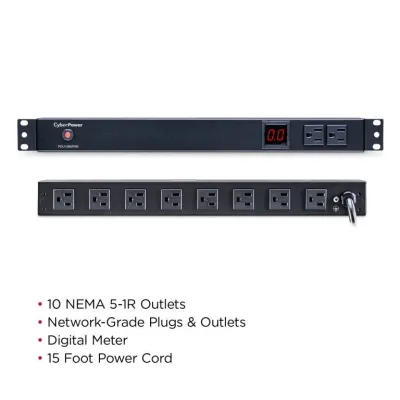 Cyber Power - PDU15M2F8R - 15A (Derated to 12A), 120 V, 50Hz/60Hz, NEMA 5-15P plug, 10 NEMA 5-15R, 1U Rackmount, 15 ft Cord, Limited Lifetime Warranty
