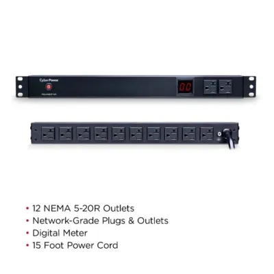 Cyber Power - PDU20M2F10R - 20A (Derated to 16A), 120 V, 50Hz/60Hz, NEMA 5-20P plug, 12 NEMA 5-20R, 1U Rackmount, 15 ft Cord, Limited Lifetime Warranty