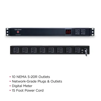 Cyber Power - PDU20M2F8R - 20A (Derated to 16A), 120 V, 50Hz/60Hz, NEMA 5-20P plug, 10 NEMA 5-20R, 1U Rackmount, 15 ft Cord, Limited Lifetime Warranty