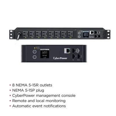 Cyber Power - PDU41001 - Switched PDU 15A 120V NEMA 5-15P input 8 NEMA 5-15R output 12ft cord 1U