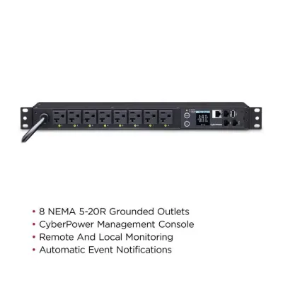 Cyber Power - PDU41002 - Switched PDU 20A 120V NEMA (L)5-20P input 8 NEMA 5-20R output 12ft cord 1U