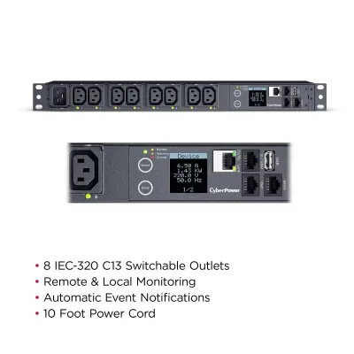 Cyber Power - PDU41005 - Switched PDU, 20A (Derated To 16A), 200-240V, 50/60 Hz, 8 x IEC-320 C13 Outlets, IEC-320 C20 Plug, 10 Ft Cord, 1U Rackmount, SNMP, 3Yr Warranty