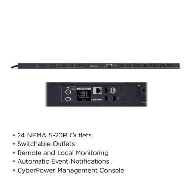 Cyber Power - PDU41102 - Switched PDU, 30A (Derated to 24A), 100-120V, 50/60 HZ, 24 x NEMA 5-20R Outlets, NEMA L5-30P Plug, 10 Ft Cord, 0U Rackmount, SNMP, 3Yr Warranty